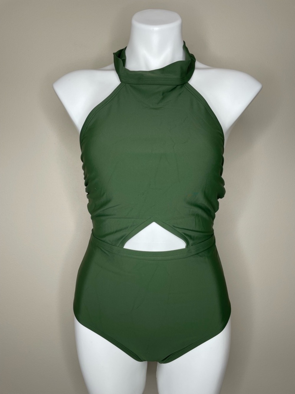 Kona Sol Green High-Neck Open Back Cut Out One-Piece Swimsuit